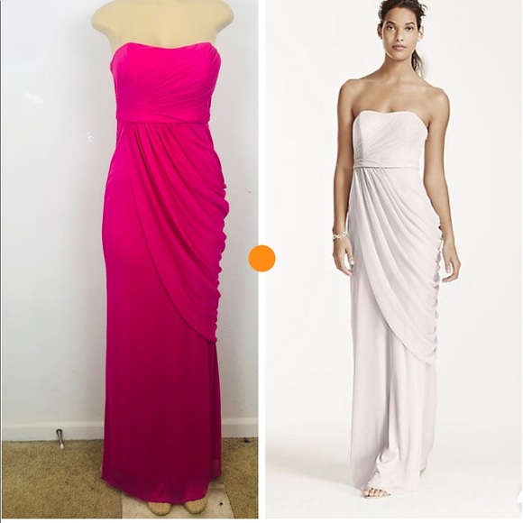 DAVID’S BRIDAL Extra Long Strapless Mesh Dress with Side Draping Fuchsia… - Picture 3 of 7